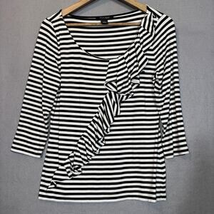 White House Black Market Stripe Ruffle Top Womens M Black White Monochrome‎
